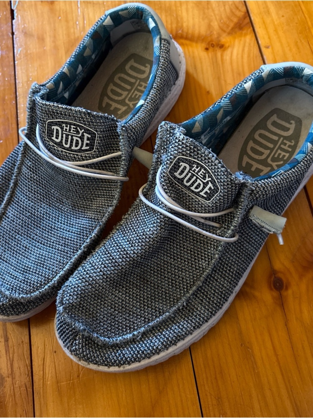 Hey Dude Gray Knit Slip-On Sneakers with Blue Lined Interior